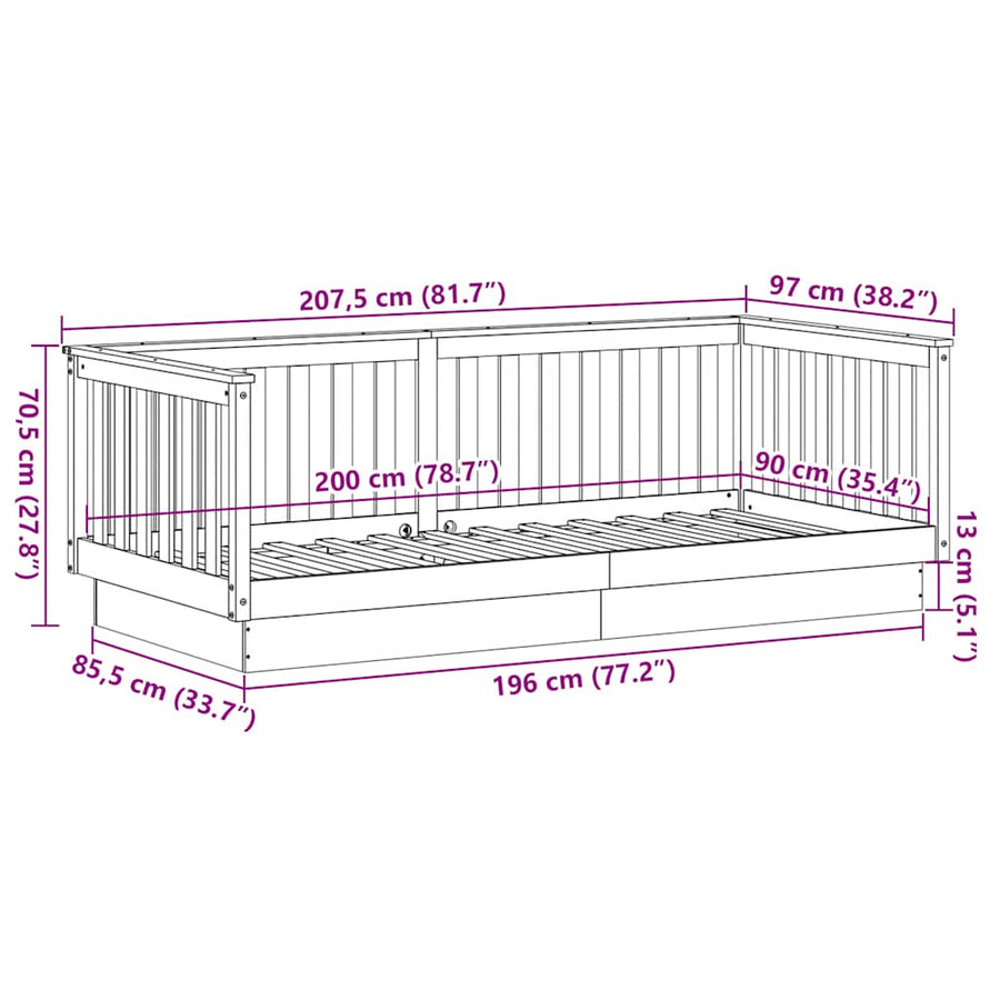 Dagbed zonder matras 90x200 cm massief grenenhout
