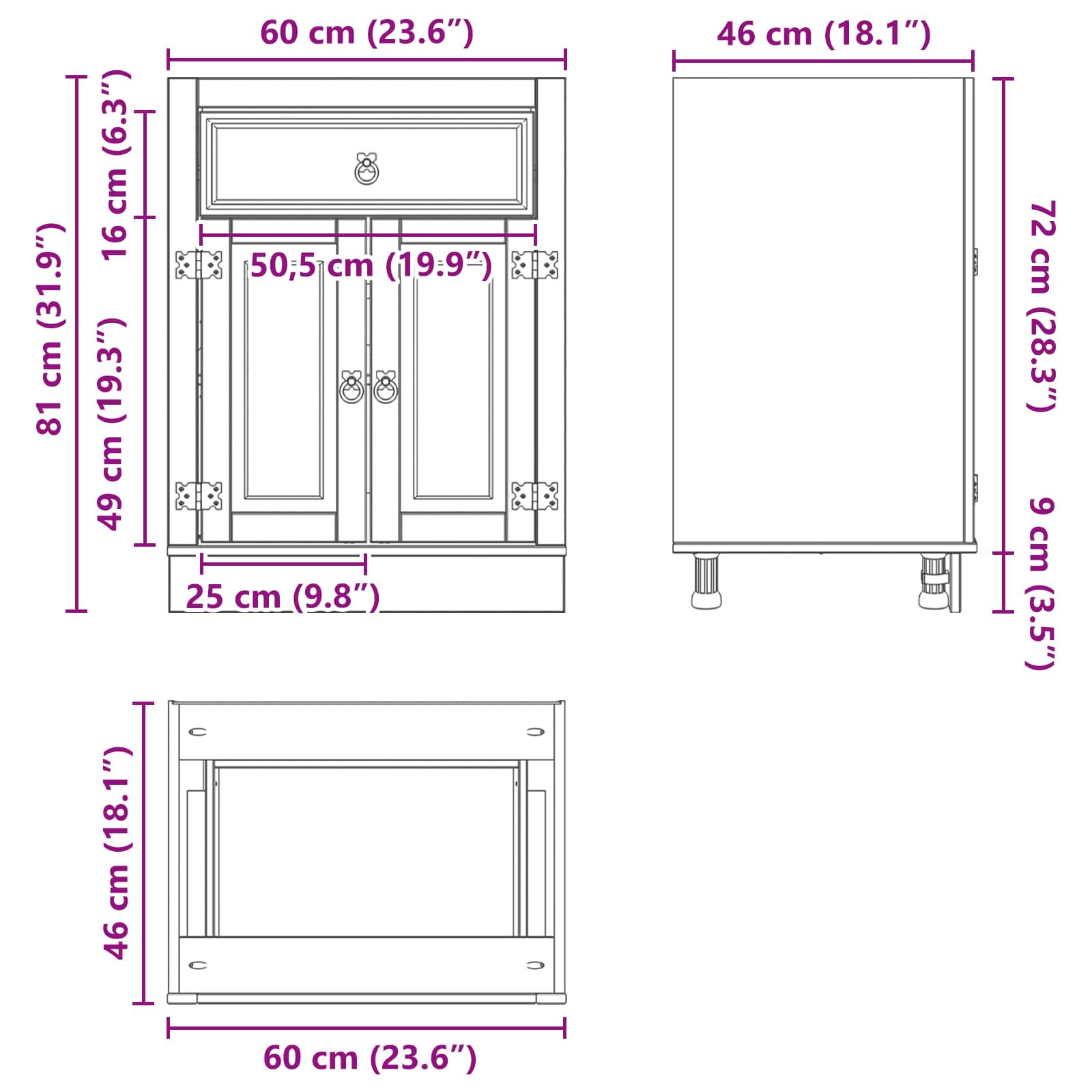 Kast met lade Honing 60 x 46 x 81,5 cm Massief grenenhout