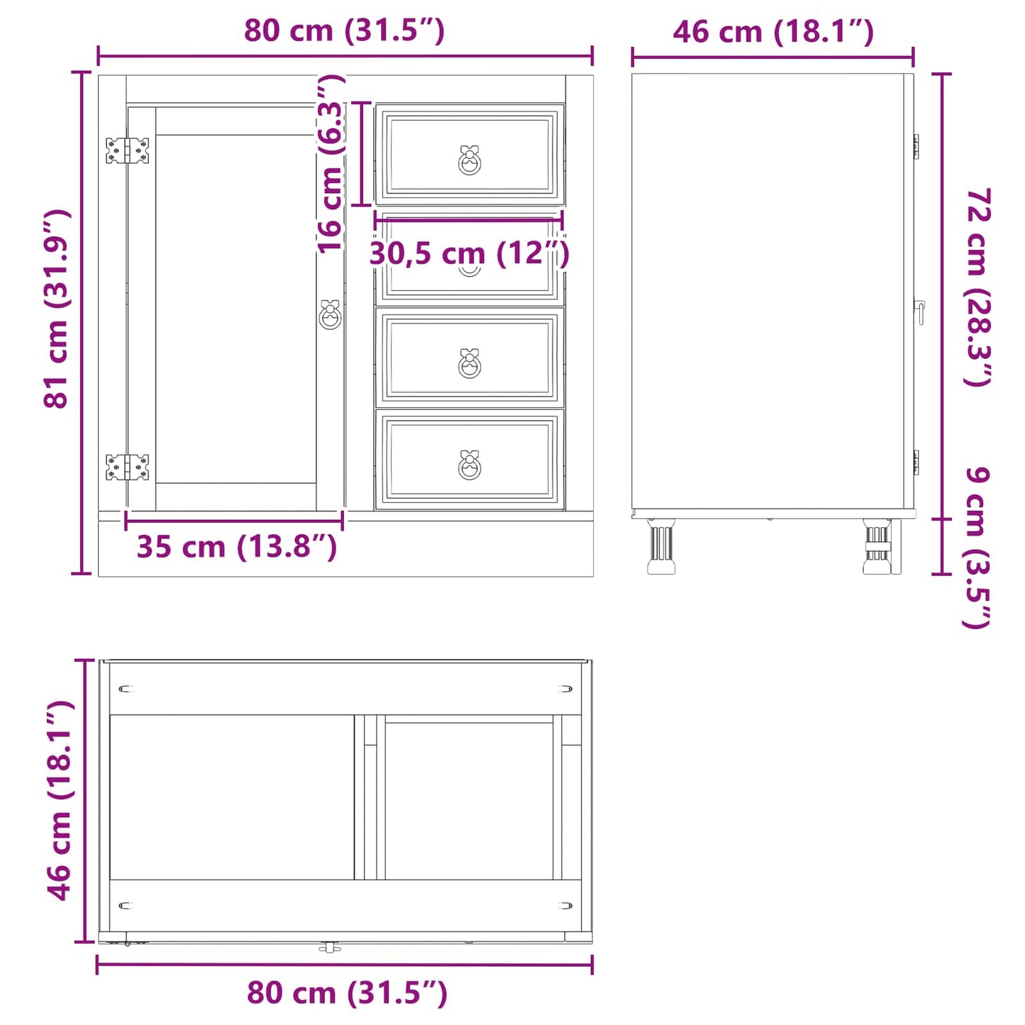 Kast met lade Honing 80 x 46 x 81,5 cm Massief grenenhout