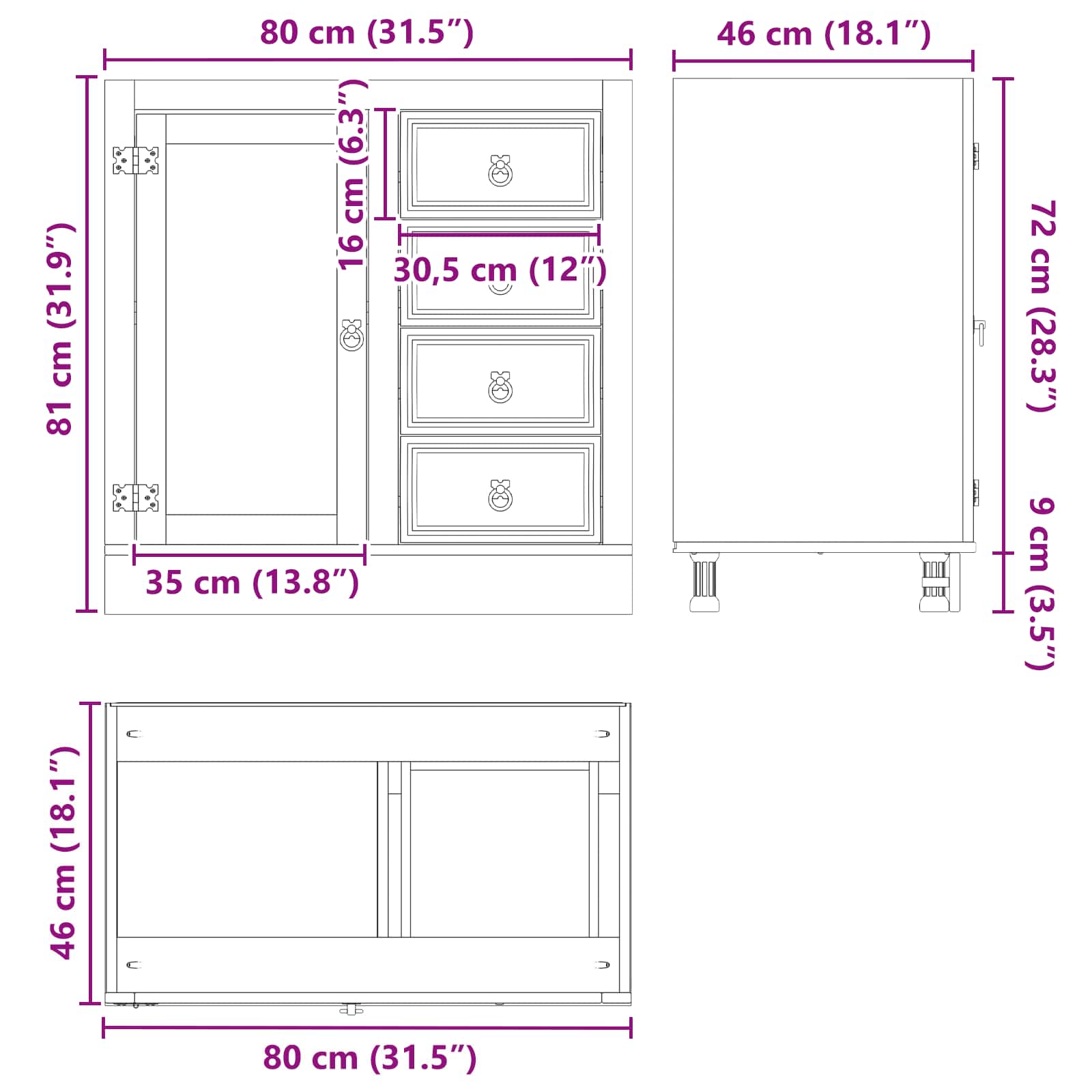 Kast met lade Honing 80 x 46 x 81,5 cm Massief grenenhout
