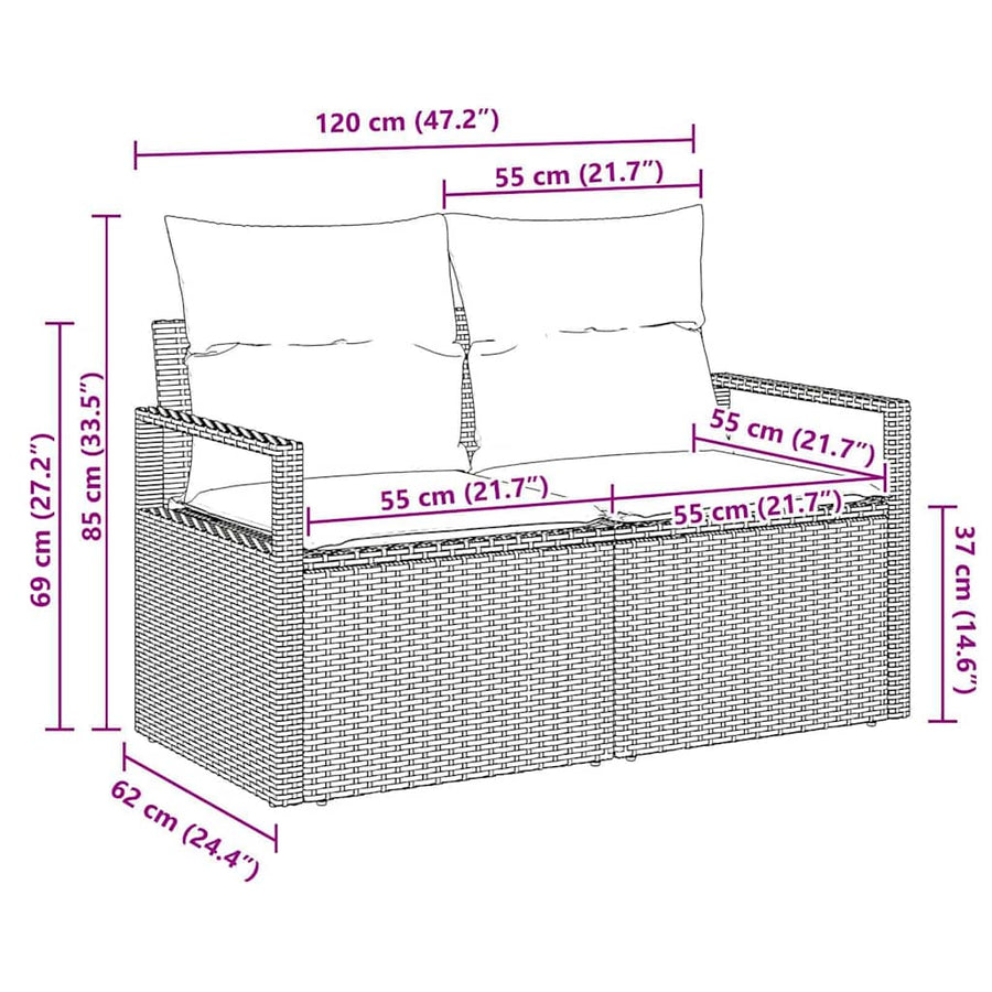 Tuinbank met kussen 120 x 62 x 69 cm poly rattan