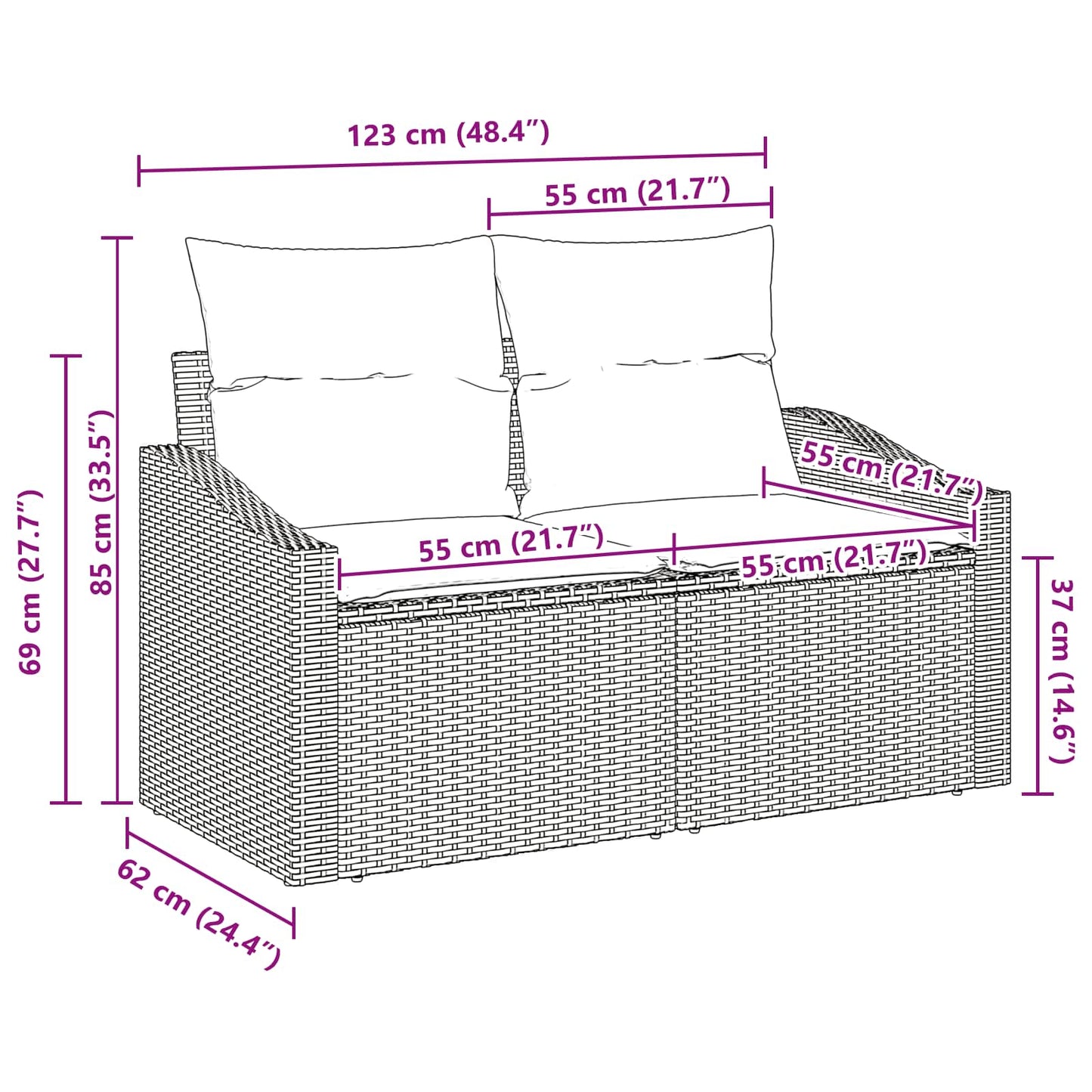 Tuinbank Bruin 123 x 62 x 69cm poly rattan