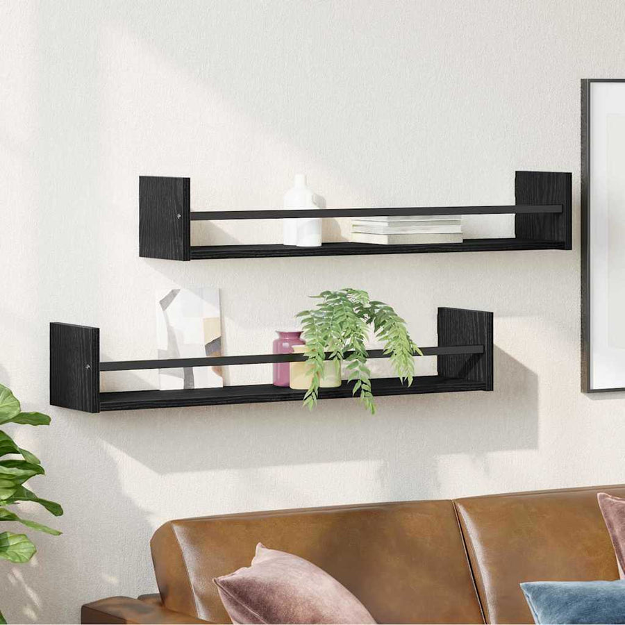 Wandplank Wandgemonteerd 2 pcs Zwart Eiken 80 x 16 x 14 cm