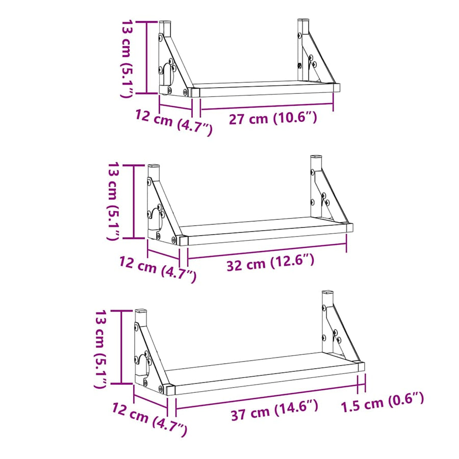 Wandplank Wandgemonteerd met opslag 3 pcs Rook Eik