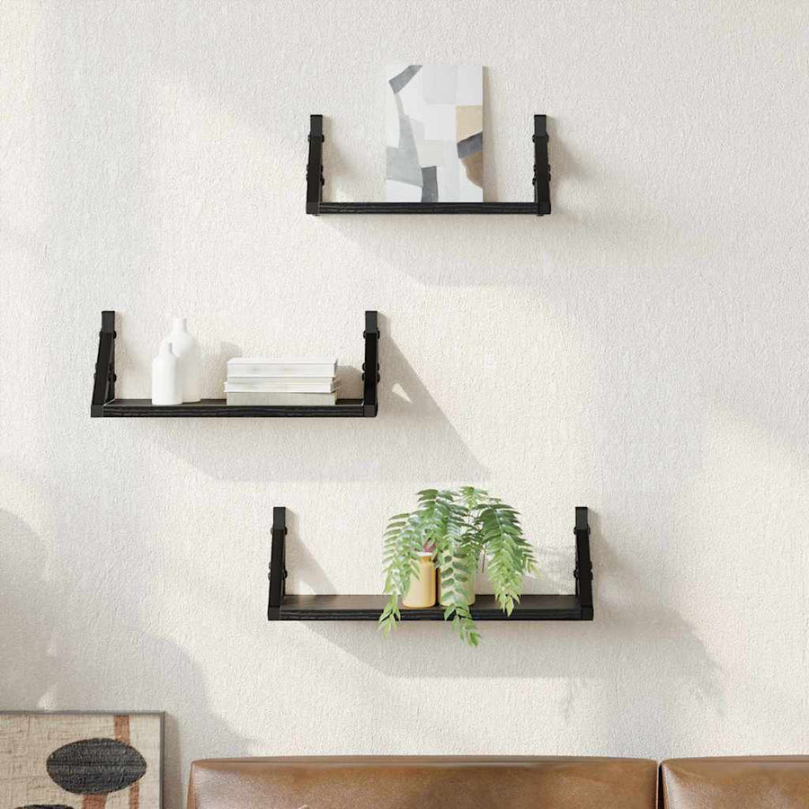 Wandplank Wandgemonteerd met opslag 3 pcs Zwart Eiken