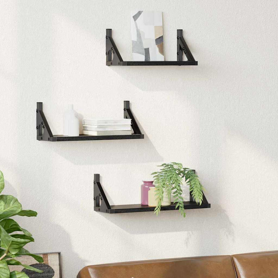 Wandplank Wandgemonteerd met opslag 3 pcs Zwart Eiken
