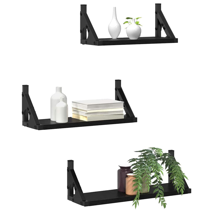 Wandplank Wandgemonteerd met opslag 3 pcs Zwart Eiken