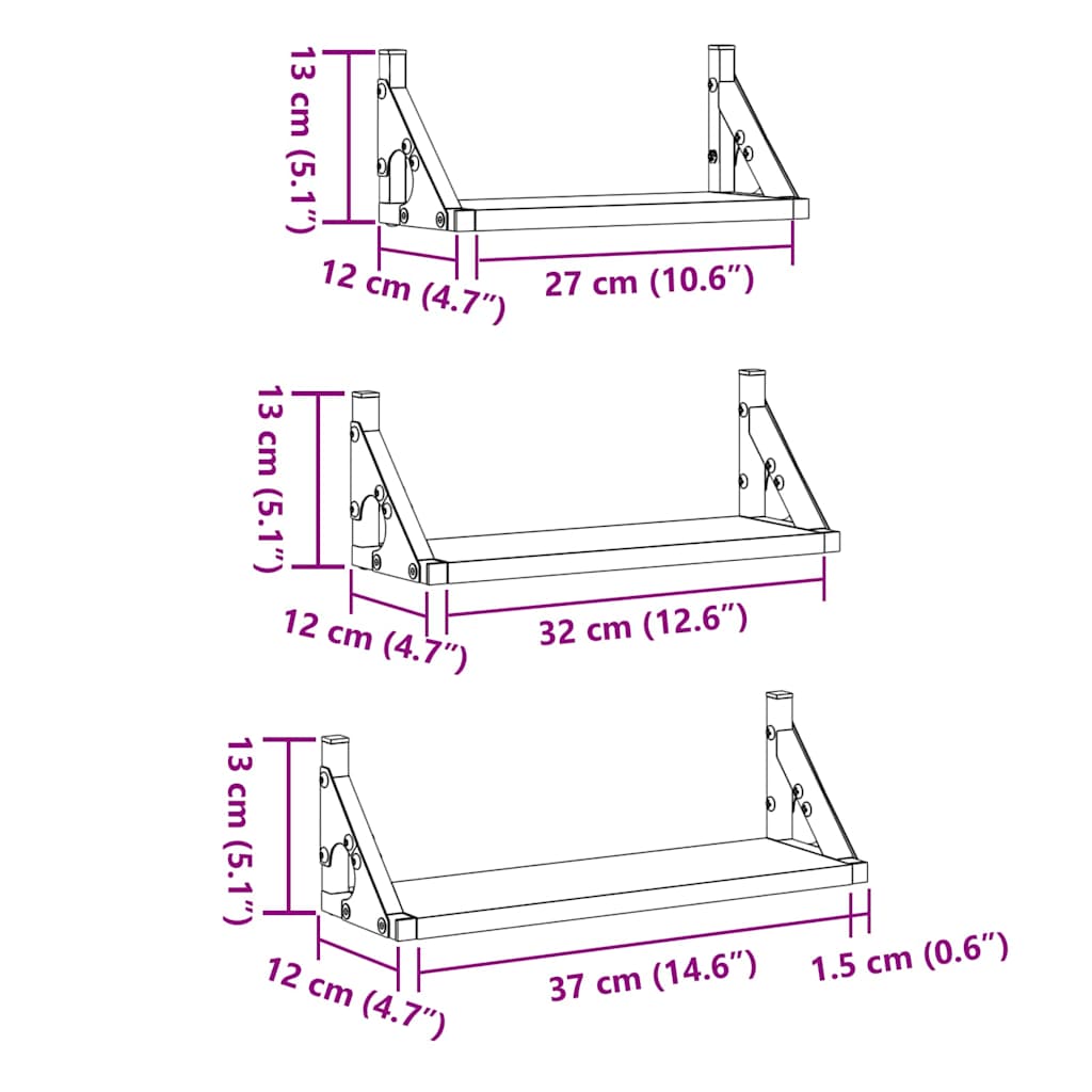 Wandplank Wandgemonteerd met opslag 3 pcs Zwart Eiken
