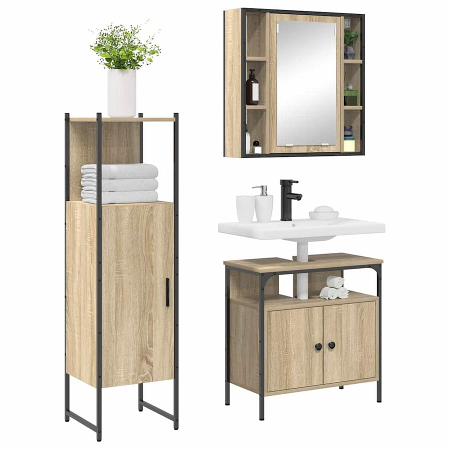 Badkamermeubelset met plank met opslag 3 pcs Bruin Bewerkt hout