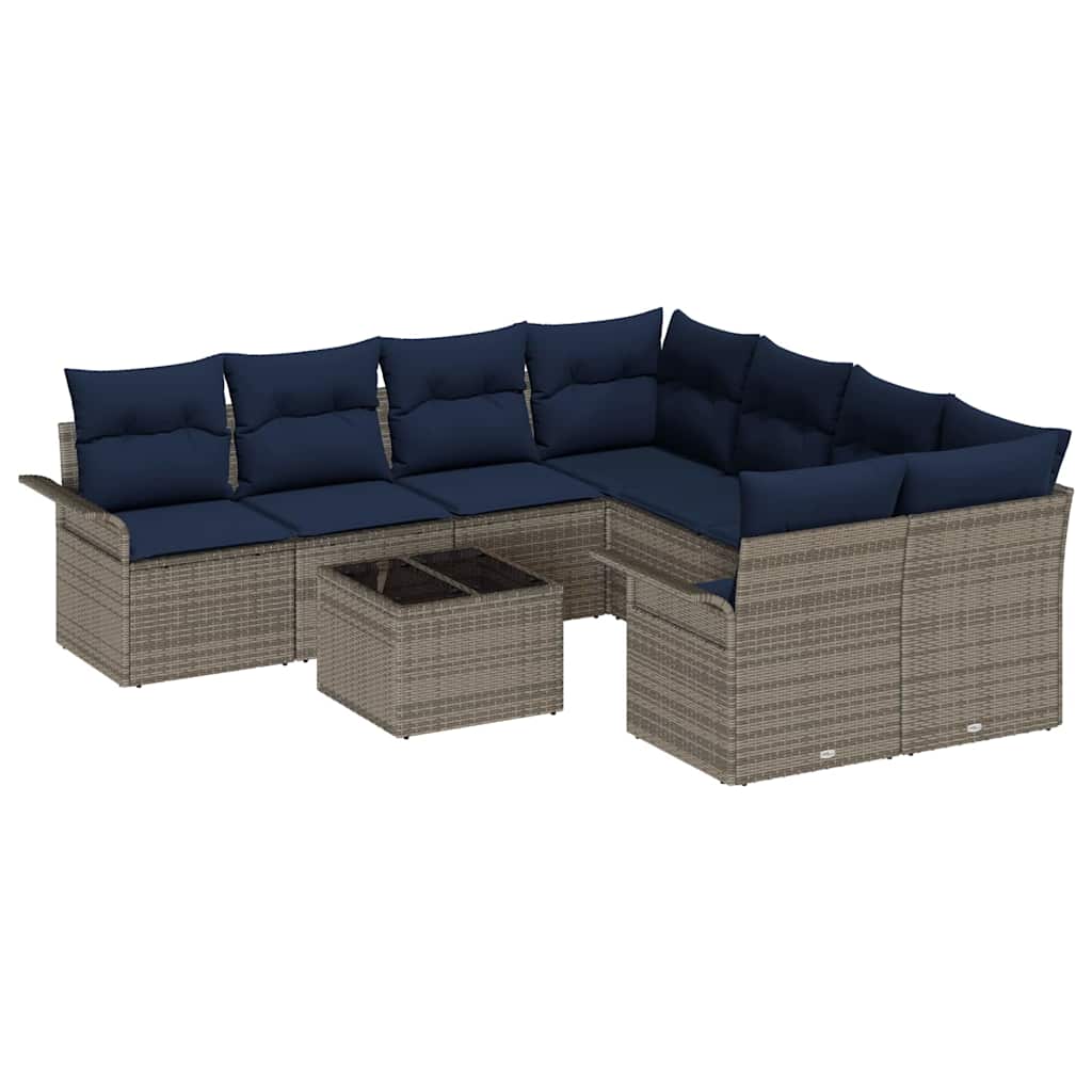 Tuin Sofa Set met kussen 9 pcs Grijs en Marineblauw poly rattan