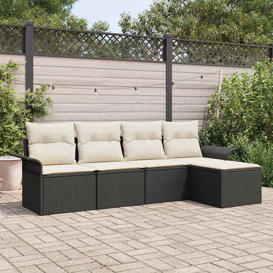 Buitensofa met kussen 5 pcs Zwart poly rattan