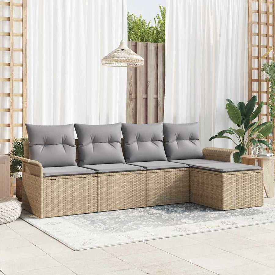 Buitensofa met kussen 5 pcs Beige poly rattan