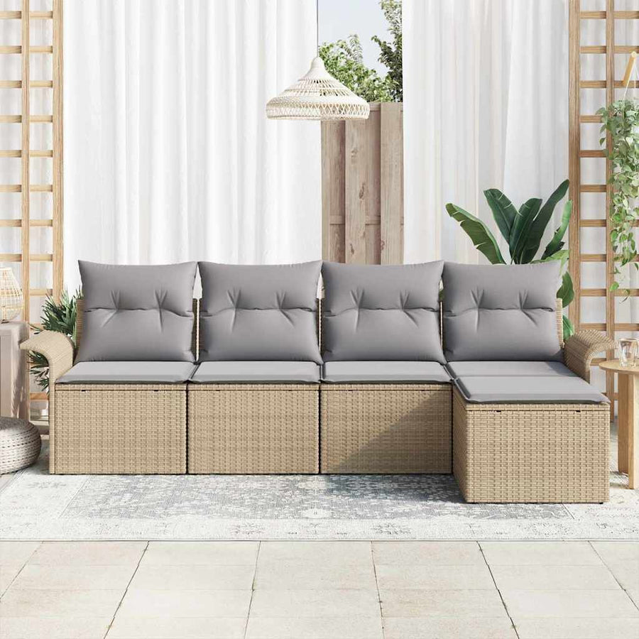 Buitensofa met kussen 5 pcs Beige poly rattan