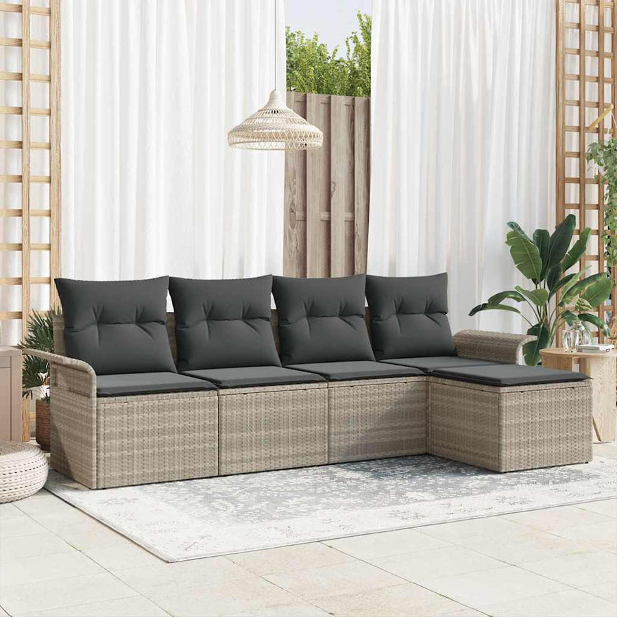 Buitensofa met kussen 5 pcs Lichtgrijs poly rattan