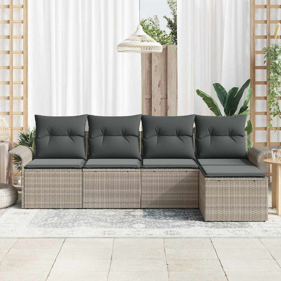 Buitensofa met kussen 5 pcs Lichtgrijs poly rattan