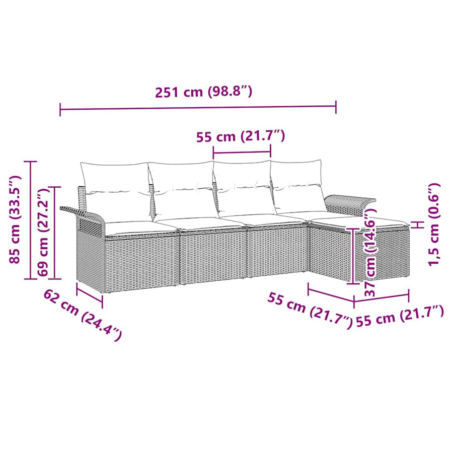 Buitensofa met kussen 5 pcs Lichtgrijs poly rattan