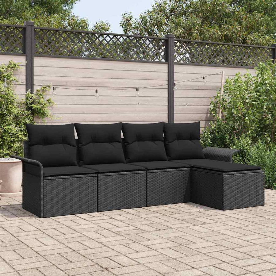 Buitensofa met kussen 5 pcs Zwart poly rattan