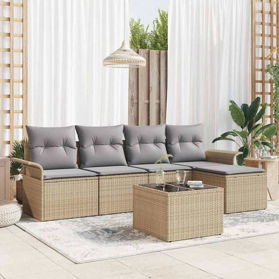 Buitensofa met kussen 6 pcs Beige poly rattan