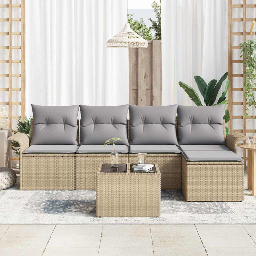 Buitensofa met kussen 6 pcs Beige poly rattan