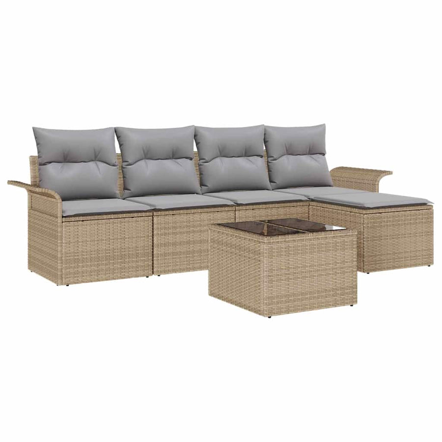 Buitensofa met kussen 6 pcs Beige poly rattan