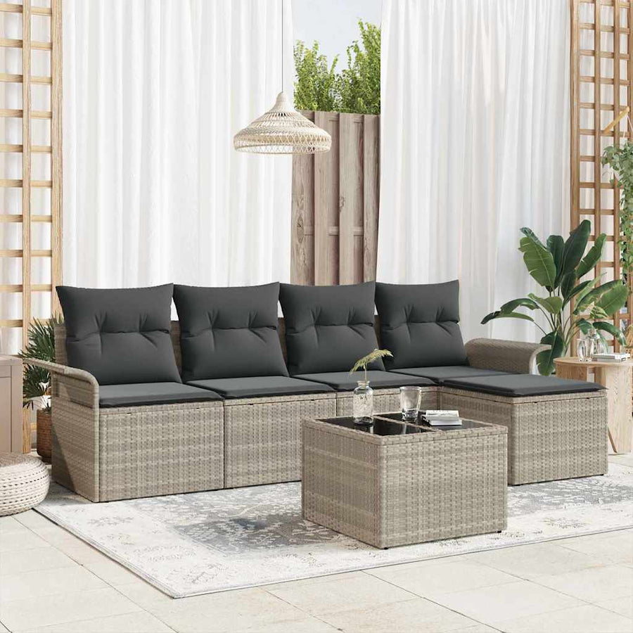 Buitensofa met kussen 6 pcs Lichtgrijs poly rattan