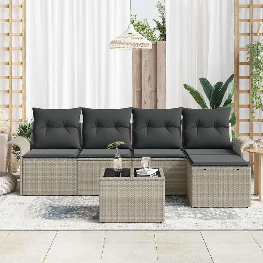 Buitensofa met kussen 6 pcs Lichtgrijs poly rattan