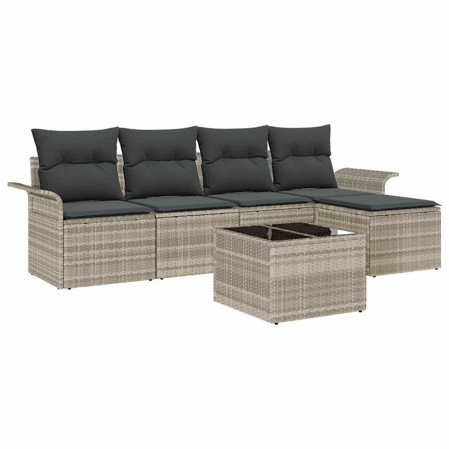 Buitensofa met kussen 6 pcs Lichtgrijs poly rattan