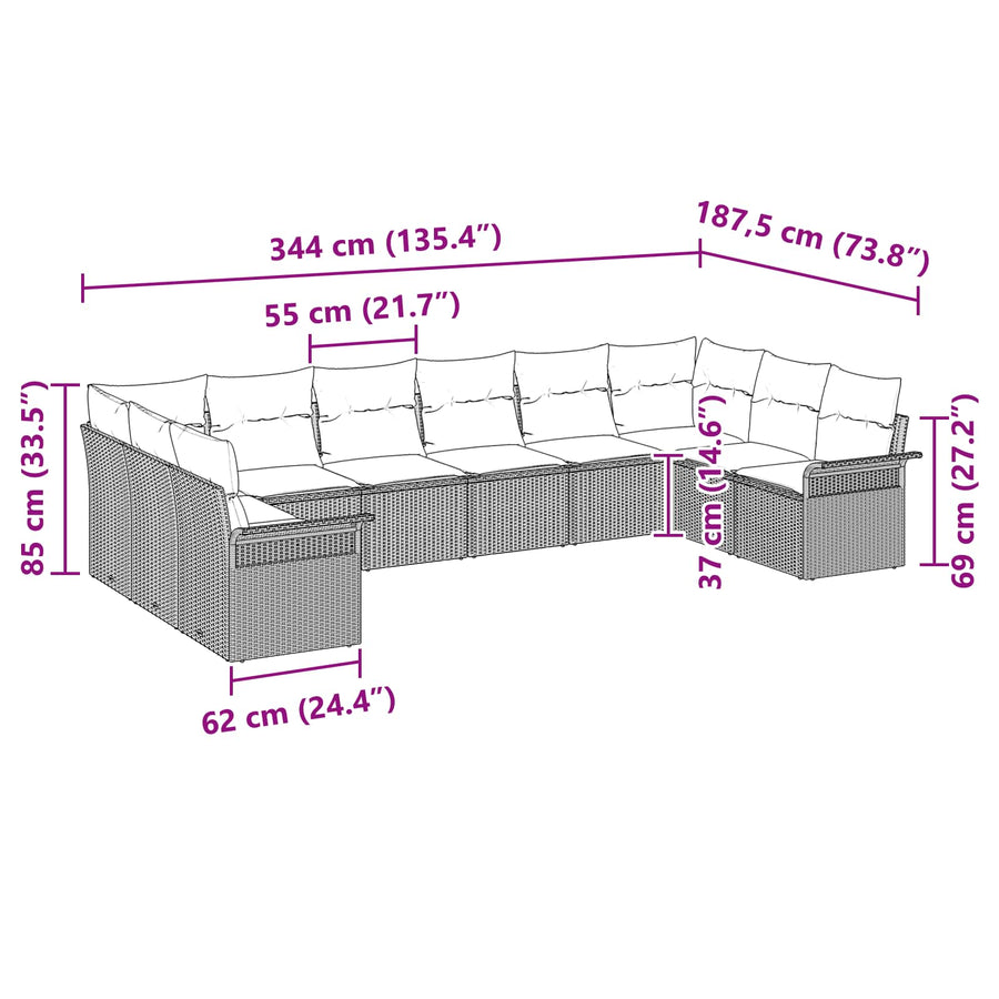 Tuin Sofa Set met kussen 10 pcs Grijs poly rattan