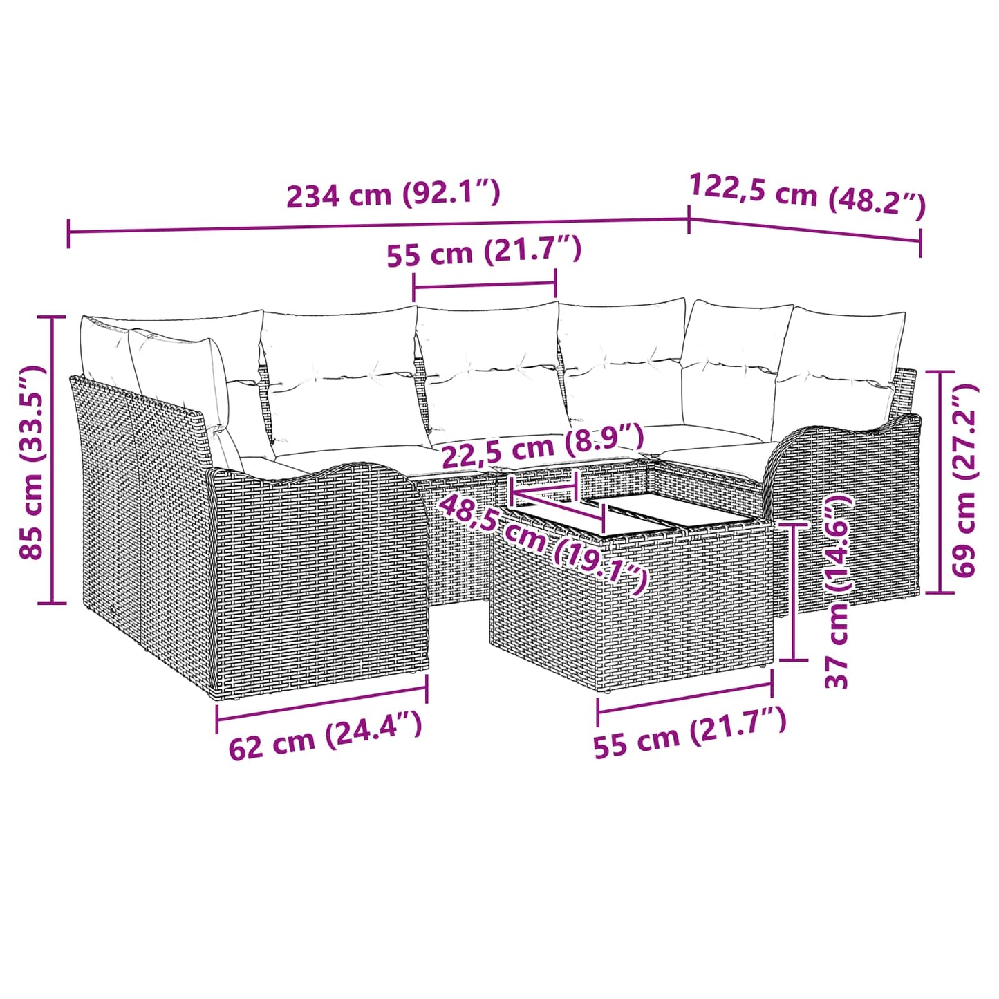 Tuin Sofa Set Grijs 55 x 55 x 37 cm poly rattan