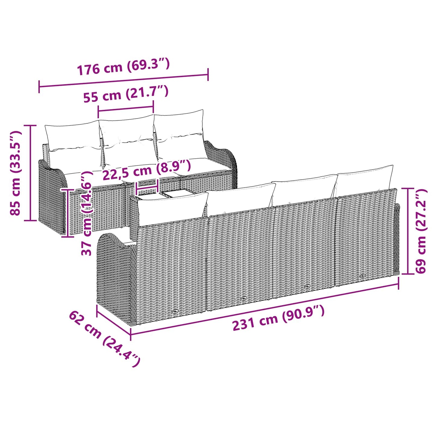 Bankstel 8 st 7-Aantal zitplaatsen Grijs poly rattan