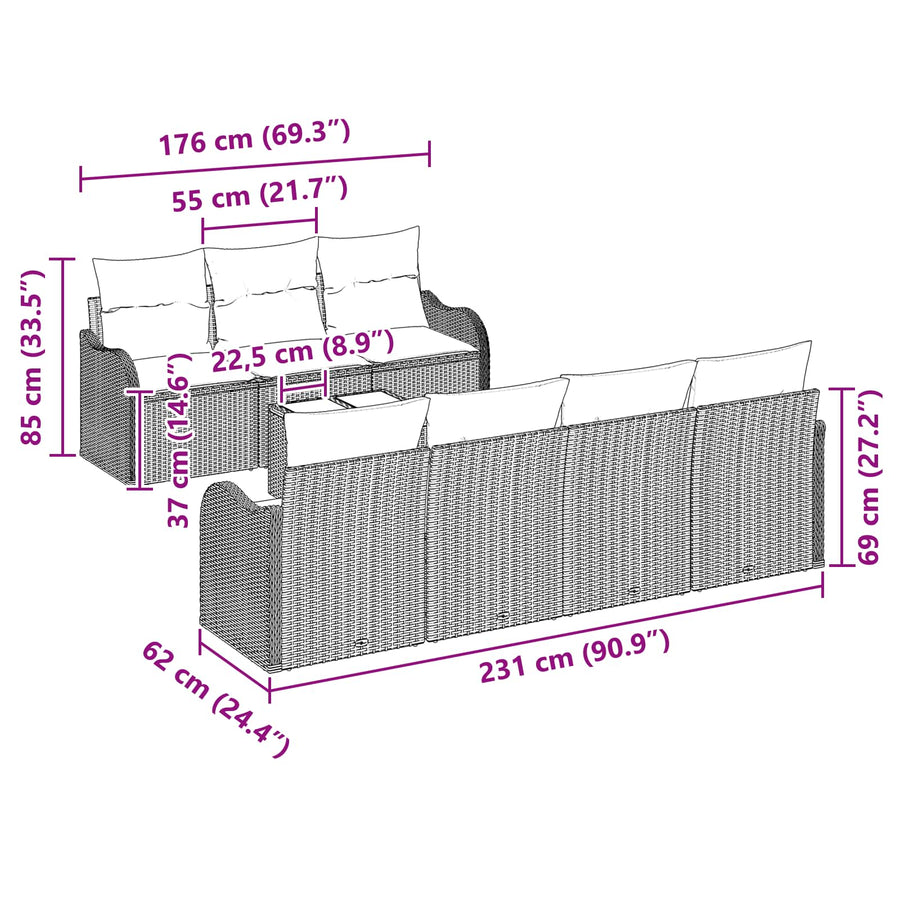 Bankstel 8 st 7-Aantal zitplaatsen Grijs poly rattan