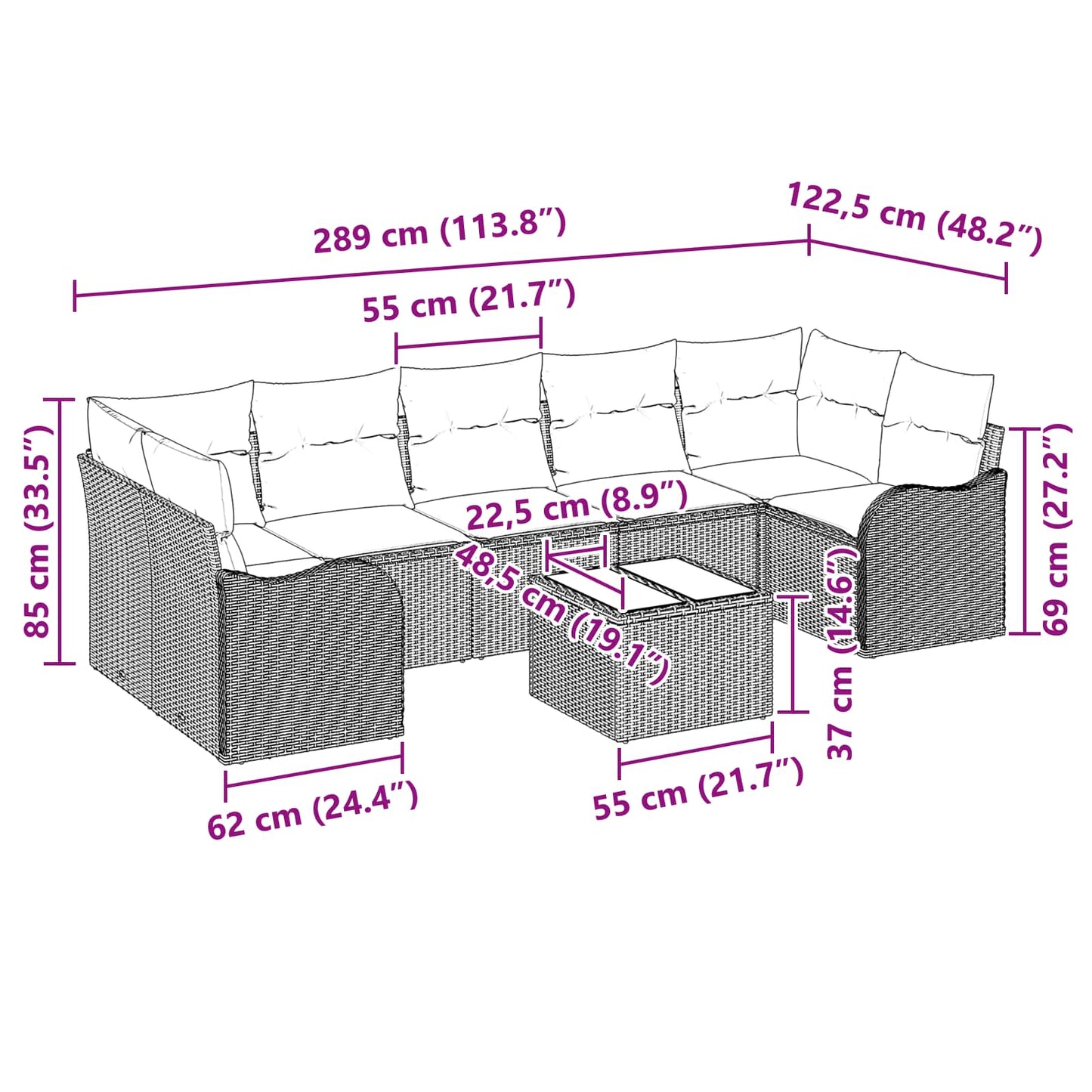 Bankstel 8 st 7-Aantal zitplaatsen Grijs poly rattan