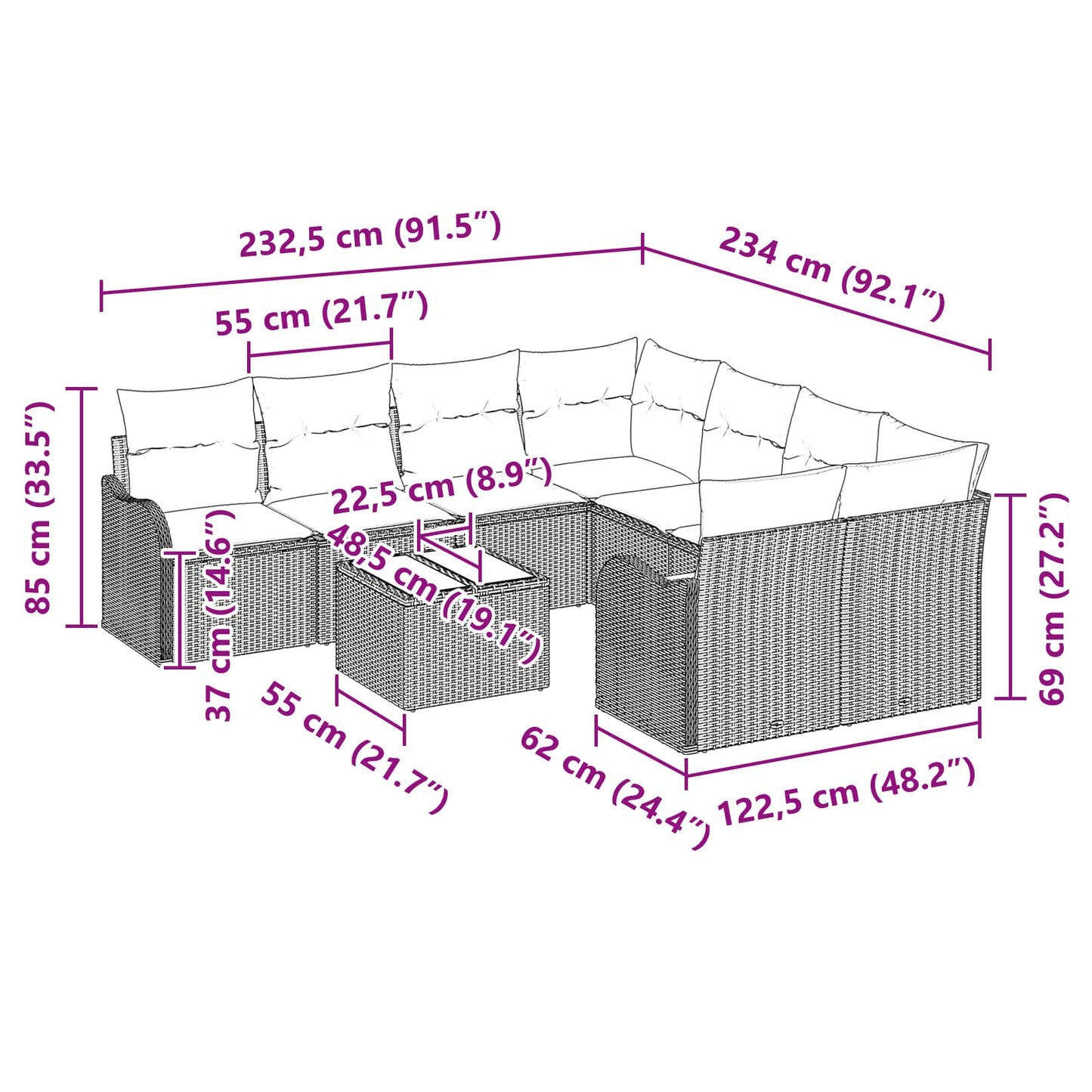 Tuin Sofa Set 9 st 8-Aantal zitplaatsen Grijs poly rattan
