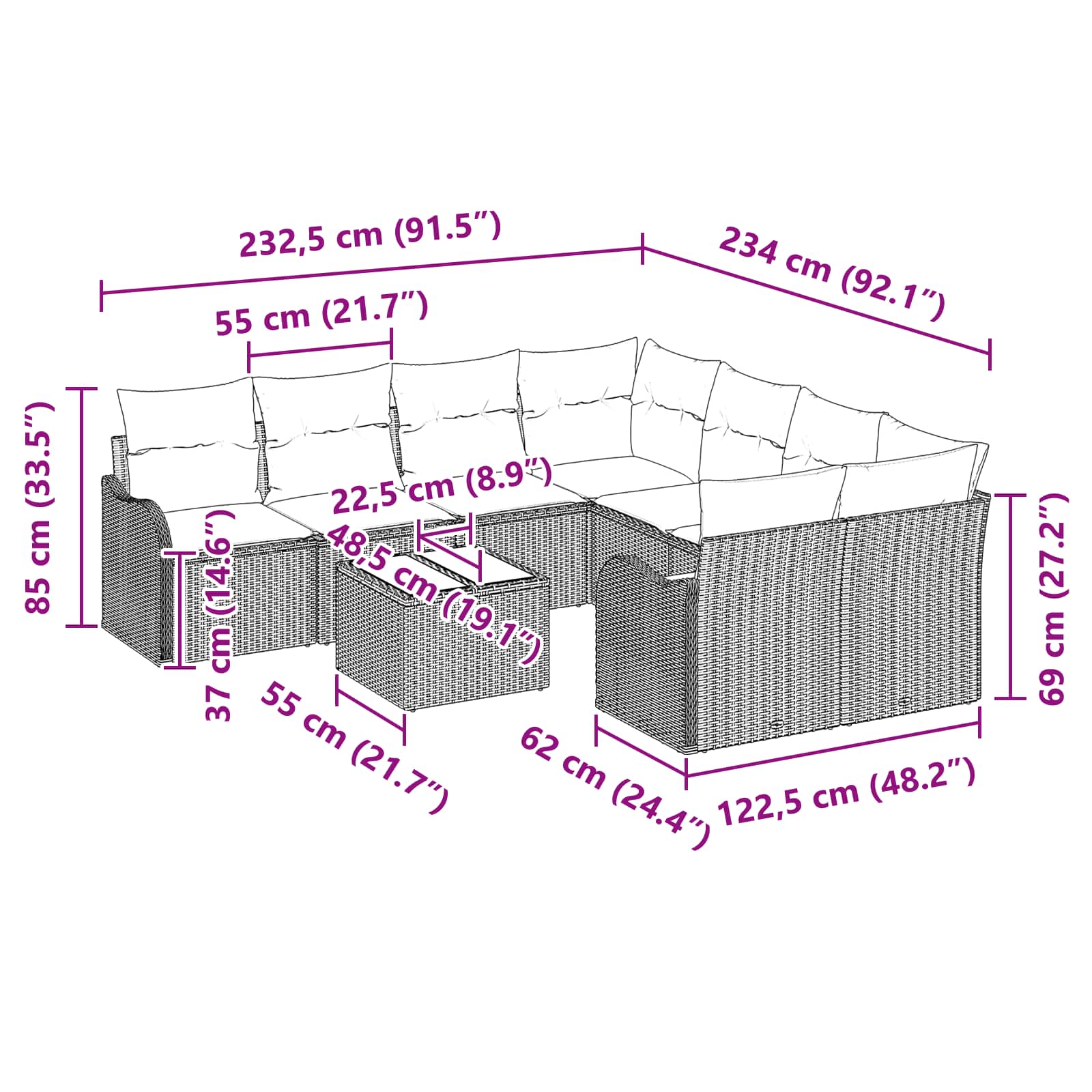 Tuin Sofa Set 9 st 8-Aantal zitplaatsen Grijs poly rattan