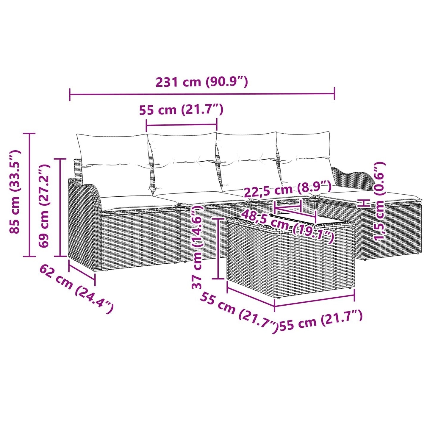 Tuin Sofa Set Grijs poly rattan