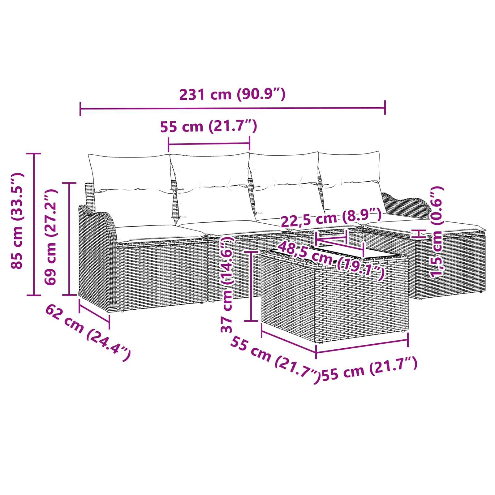 Tuin Sofa Set Grijs poly rattan
