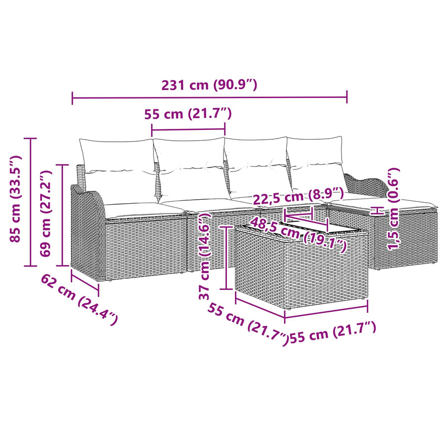Tuin Sofa Set Grijs poly rattan