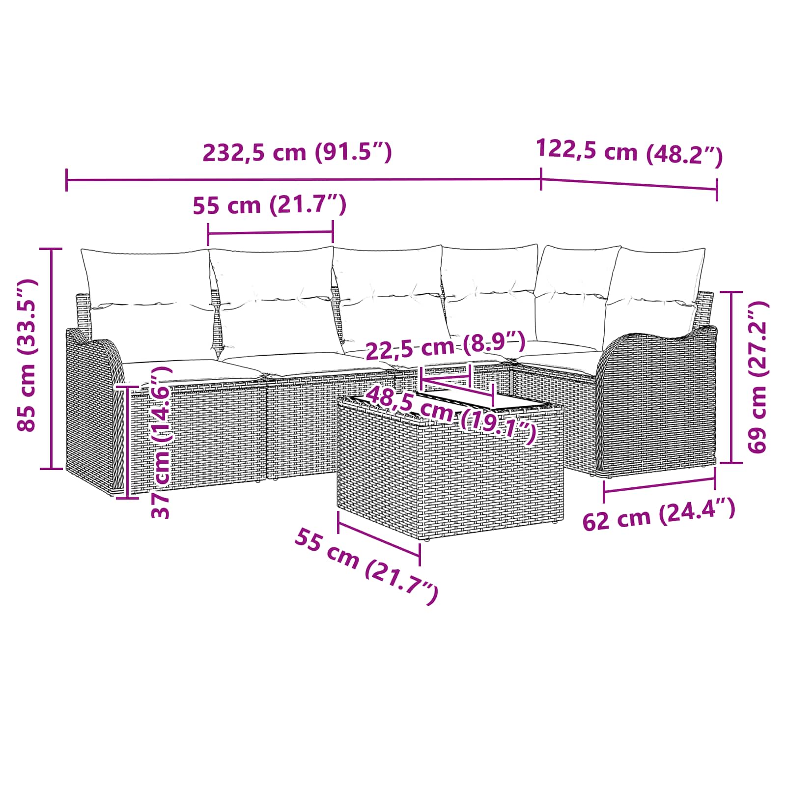 Tuin Sofa Set Grijs poly rattan
