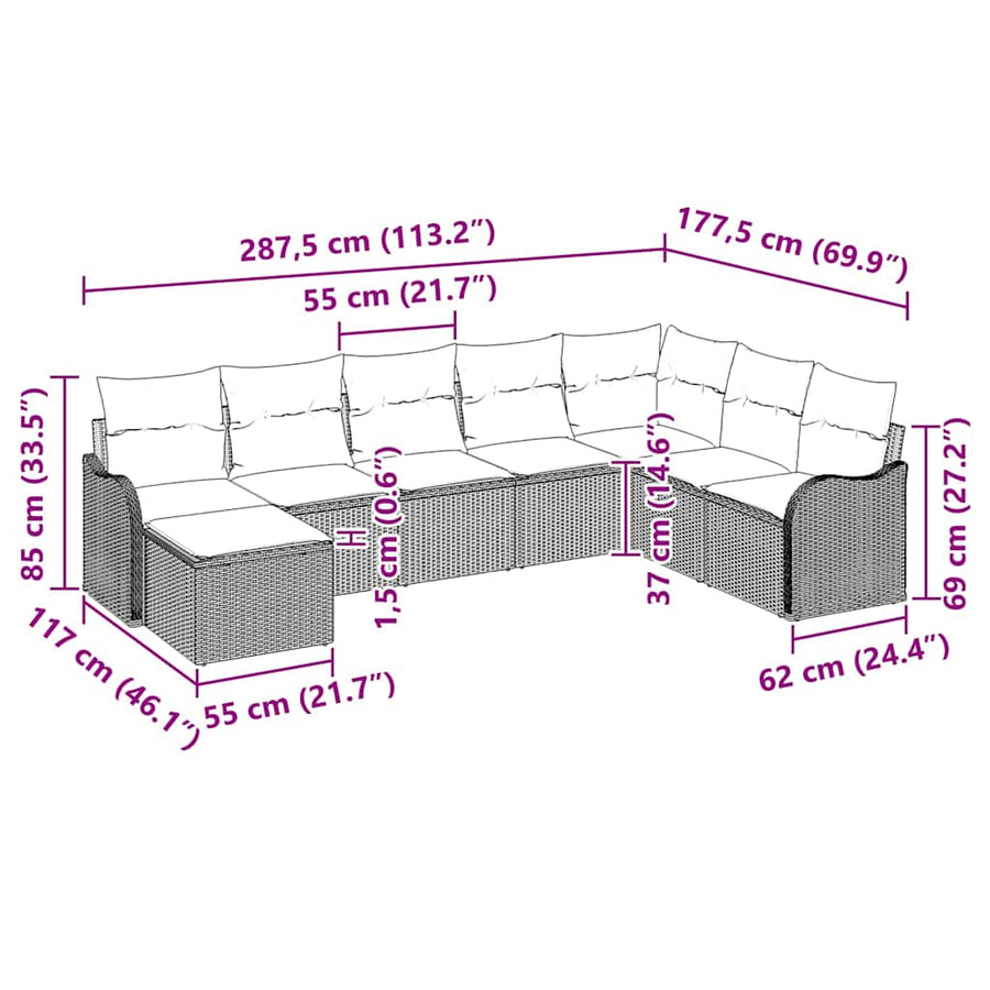 Tuin Sofa Set met kussen 8 pcs Bruin Poly riet