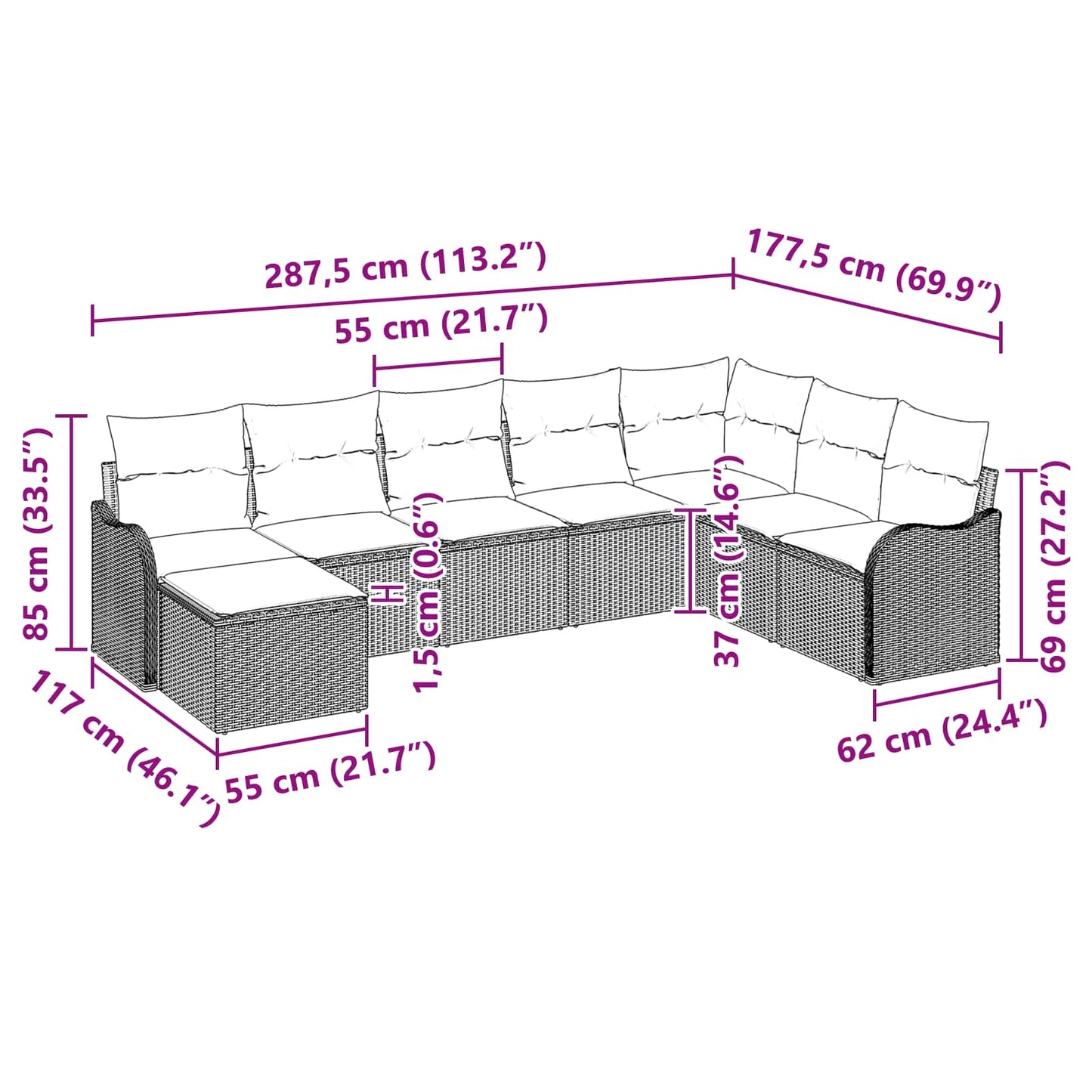 Tuin Sofa Set Grijs poly rattan