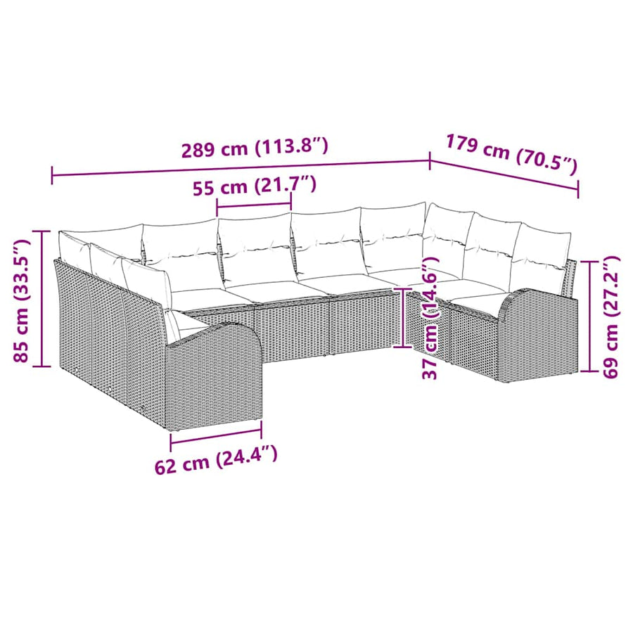 Bankstel met kussen 9 pcs Beige Poly Rattan