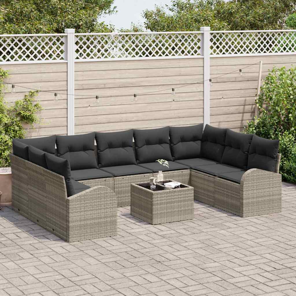 Bankstel met kussen 10 pcs Lichtgrijs Poly Rattan
