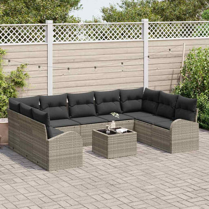 Bankstel met kussen 10 pcs Lichtgrijs Poly Rattan