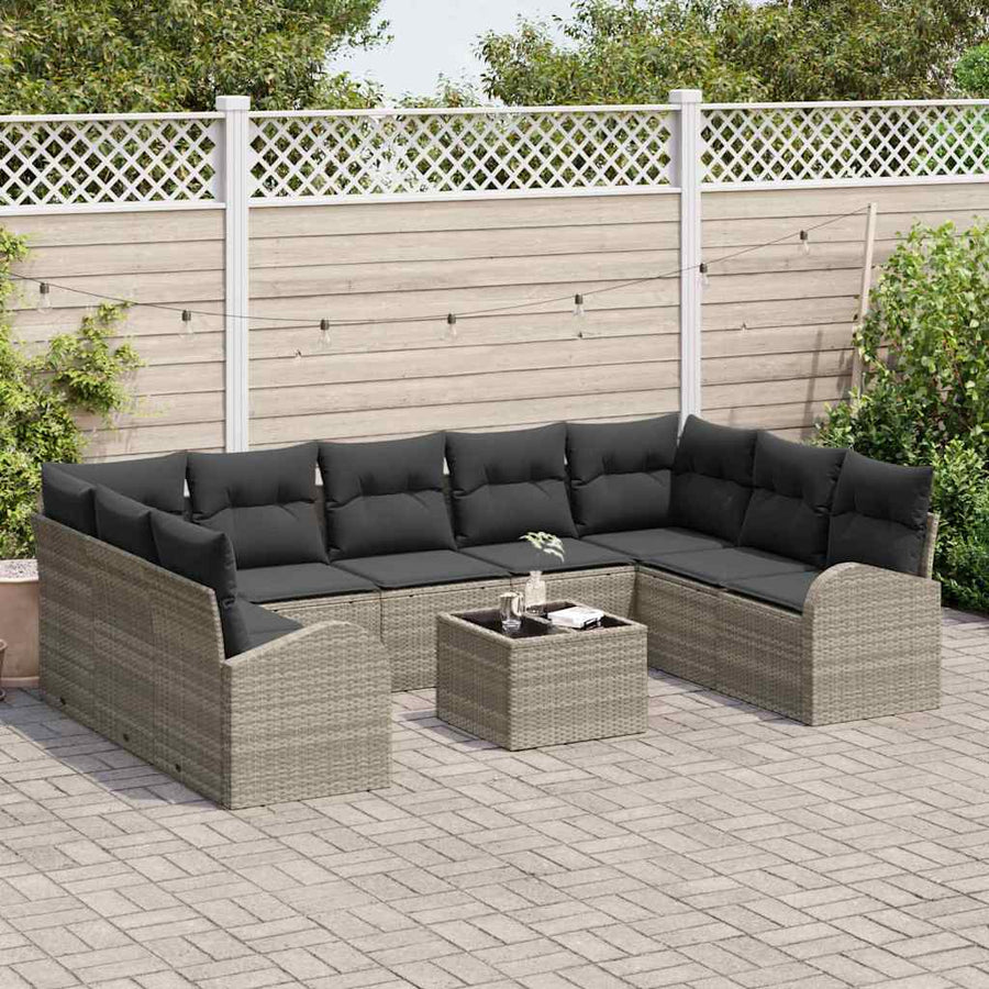 Bankstel met kussen 10 pcs Lichtgrijs Poly Rattan