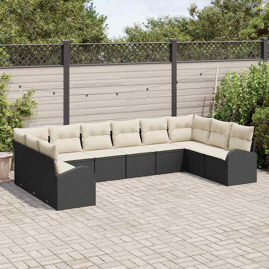 Bankstel met kussen 10 pcs Zwart Polyrattan