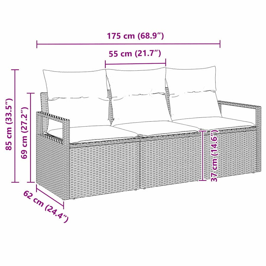 Bankstel 3 pcs Lichtgrijs poly rattan