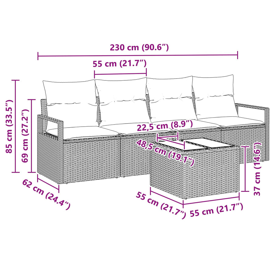 Bankstel 5 pcs Bruin en Rood poly rattan