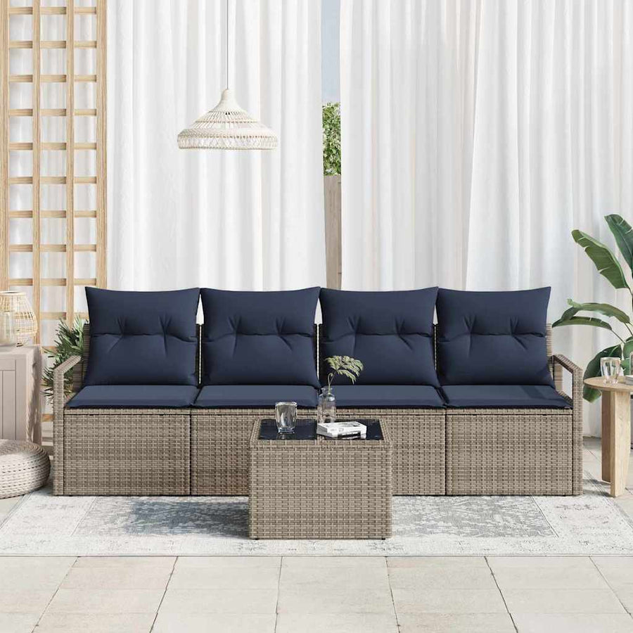 Bankstel 5 pcs Grijs en Blauw poly rattan