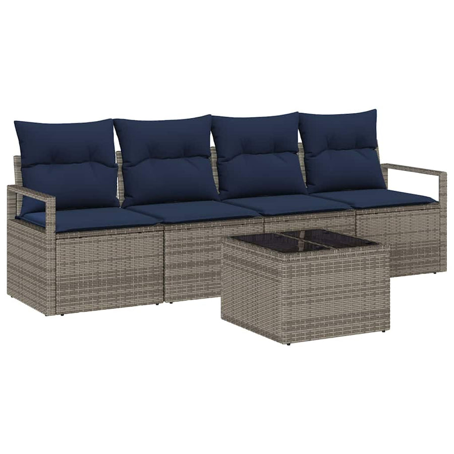 Bankstel 5 pcs Grijs en Blauw poly rattan