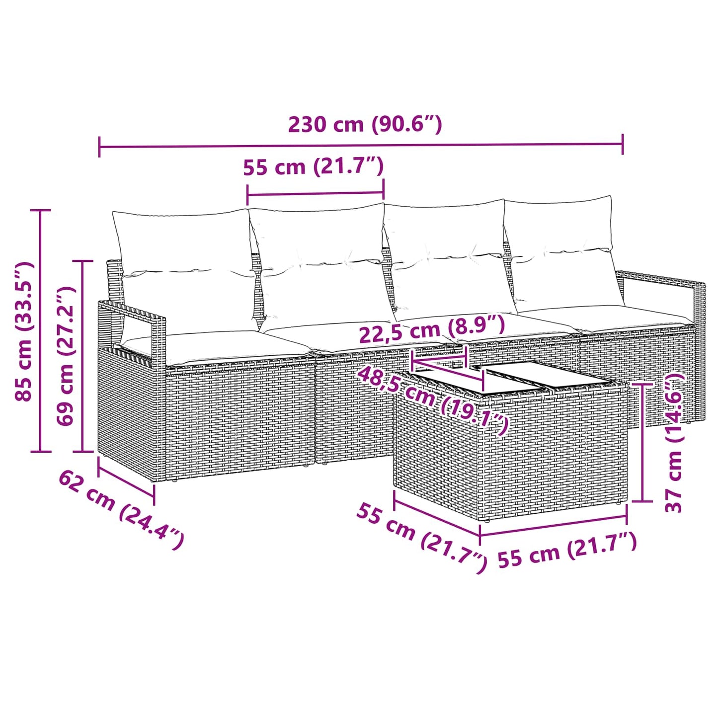 Bankstel 5 pcs Grijs en Blauw poly rattan